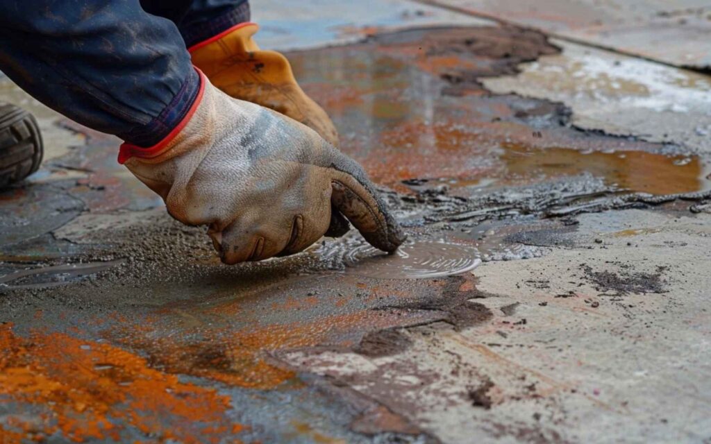 A gloved hand of a construction worker touches a wet concrete surface, creating ripples. The scene conveys a sense of manual labor and precision.